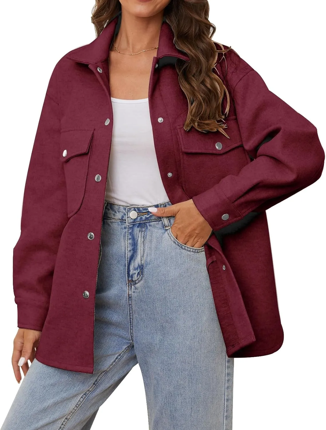 OSTOO Women's 2025 Oversized Lightweight Long Sleeves Shacket Jacket Button Down Wool Blend Coats with Pockets