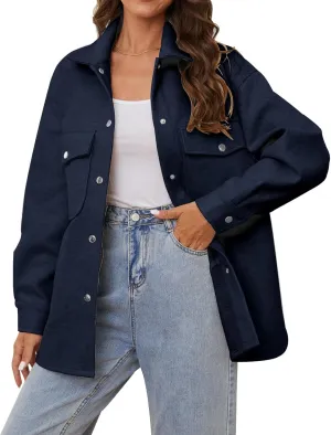 OSTOO Women's 2025 Oversized Lightweight Long Sleeves Shacket Jacket Button Down Wool Blend Coats with Pockets