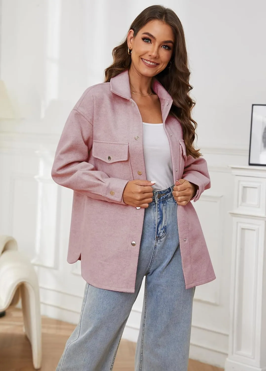OSTOO Women's 2025 Oversized Lightweight Long Sleeves Shacket Jacket Button Down Wool Blend Coats with Pockets