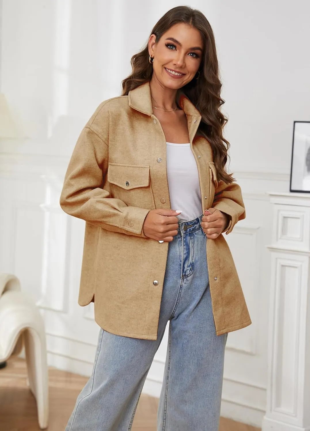 OSTOO Women's 2025 Oversized Lightweight Long Sleeves Shacket Jacket Button Down Wool Blend Coats with Pockets