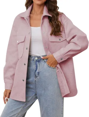 OSTOO Women's 2025 Oversized Lightweight Long Sleeves Shacket Jacket Button Down Wool Blend Coats with Pockets