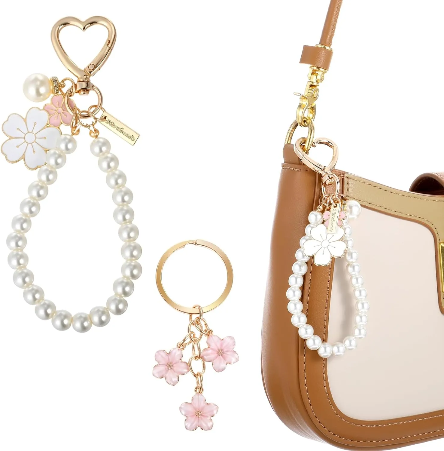 Ouligay Pearl Key Chain Wristlet Bracelet for Women - Flower Charms, Pink Accessories for Car Keys, Handbag, Purse, Cell Phone