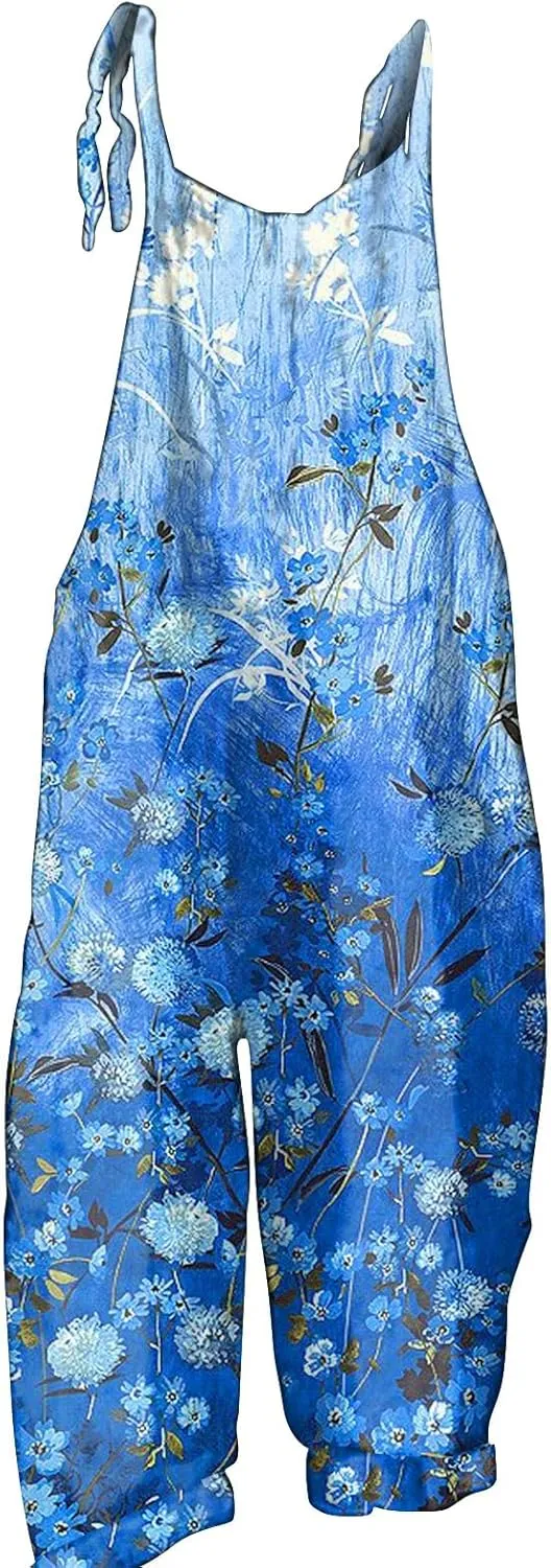 Overalls Women Summer Boho Floral Loose Wide Leg Jumpsuits with Pockets Patchwork Bib Overalls