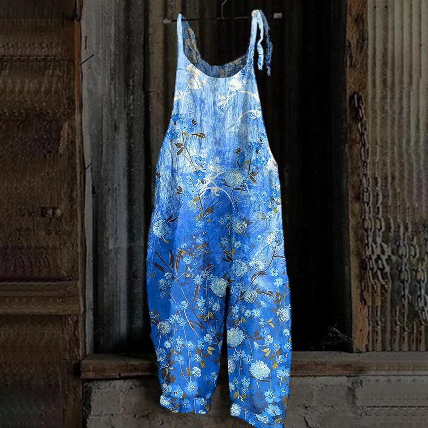 Overalls Women Summer Boho Floral Loose Wide Leg Jumpsuits with Pockets Patchwork Bib Overalls