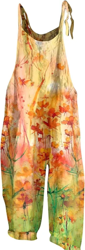 Overalls Women Summer Boho Floral Loose Wide Leg Jumpsuits with Pockets Patchwork Bib Overalls