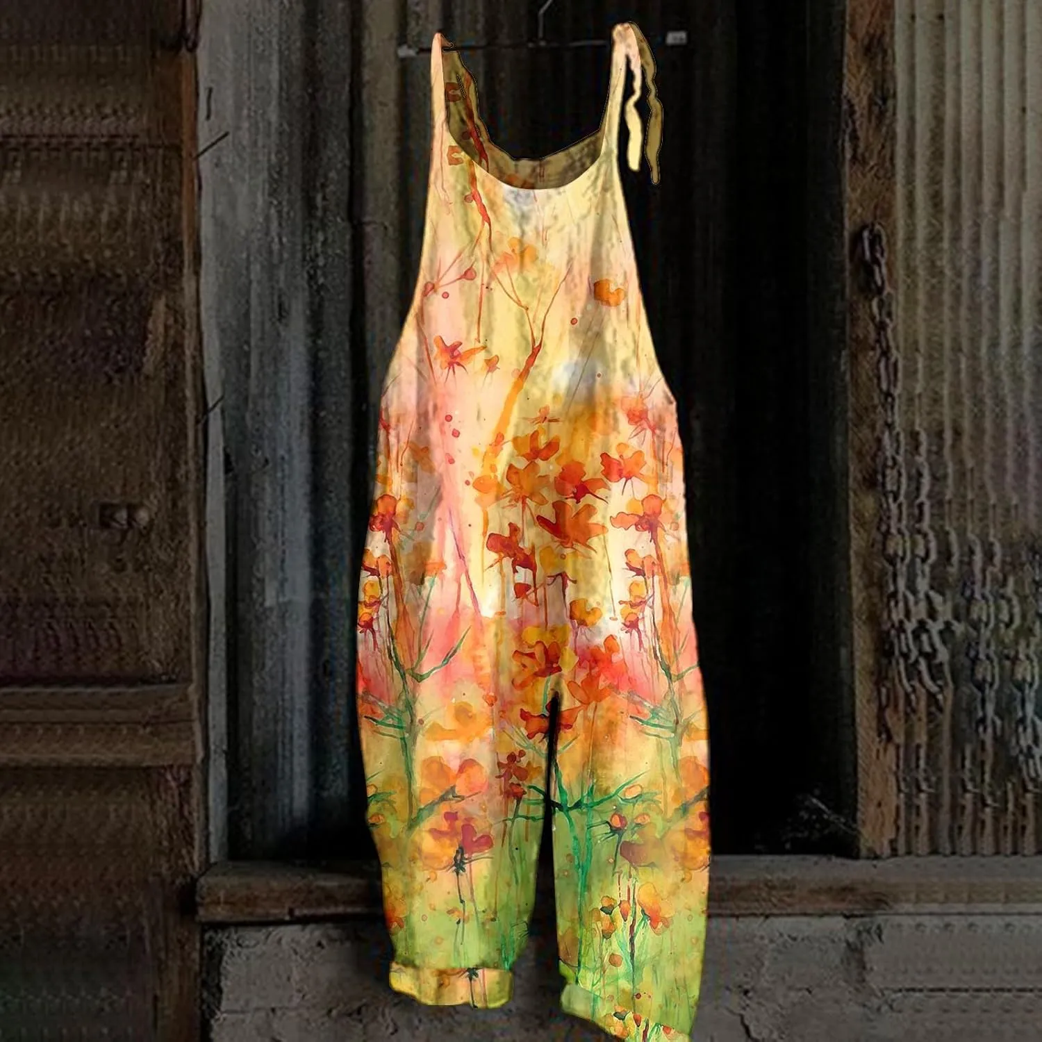 Overalls Women Summer Boho Floral Loose Wide Leg Jumpsuits with Pockets Patchwork Bib Overalls