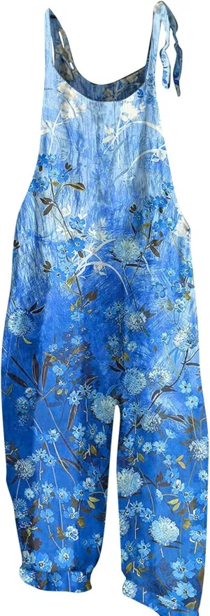 Overalls Women Summer Boho Floral Loose Wide Leg Jumpsuits with Pockets Patchwork Bib Overalls