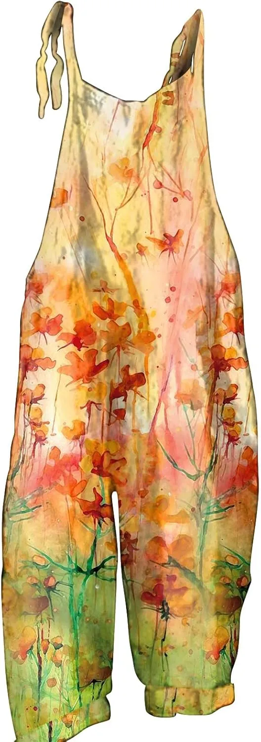 Overalls Women Summer Boho Floral Loose Wide Leg Jumpsuits with Pockets Patchwork Bib Overalls