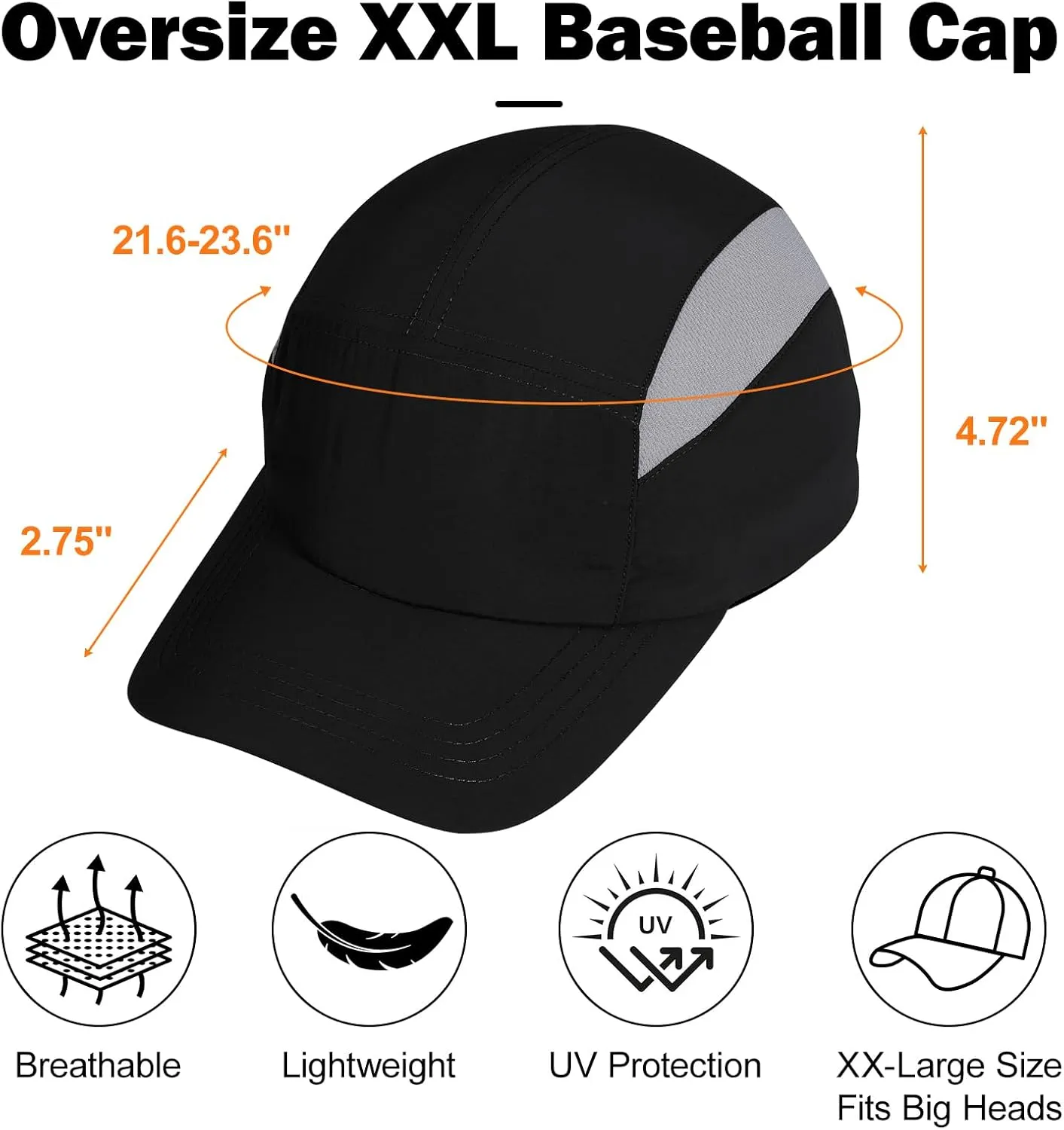 Oversize L/XL/XXL Men's Running Cap - Breathable Mesh Sports Cap for Big Heads - Waterproof & Quick Drying Snapback Hat