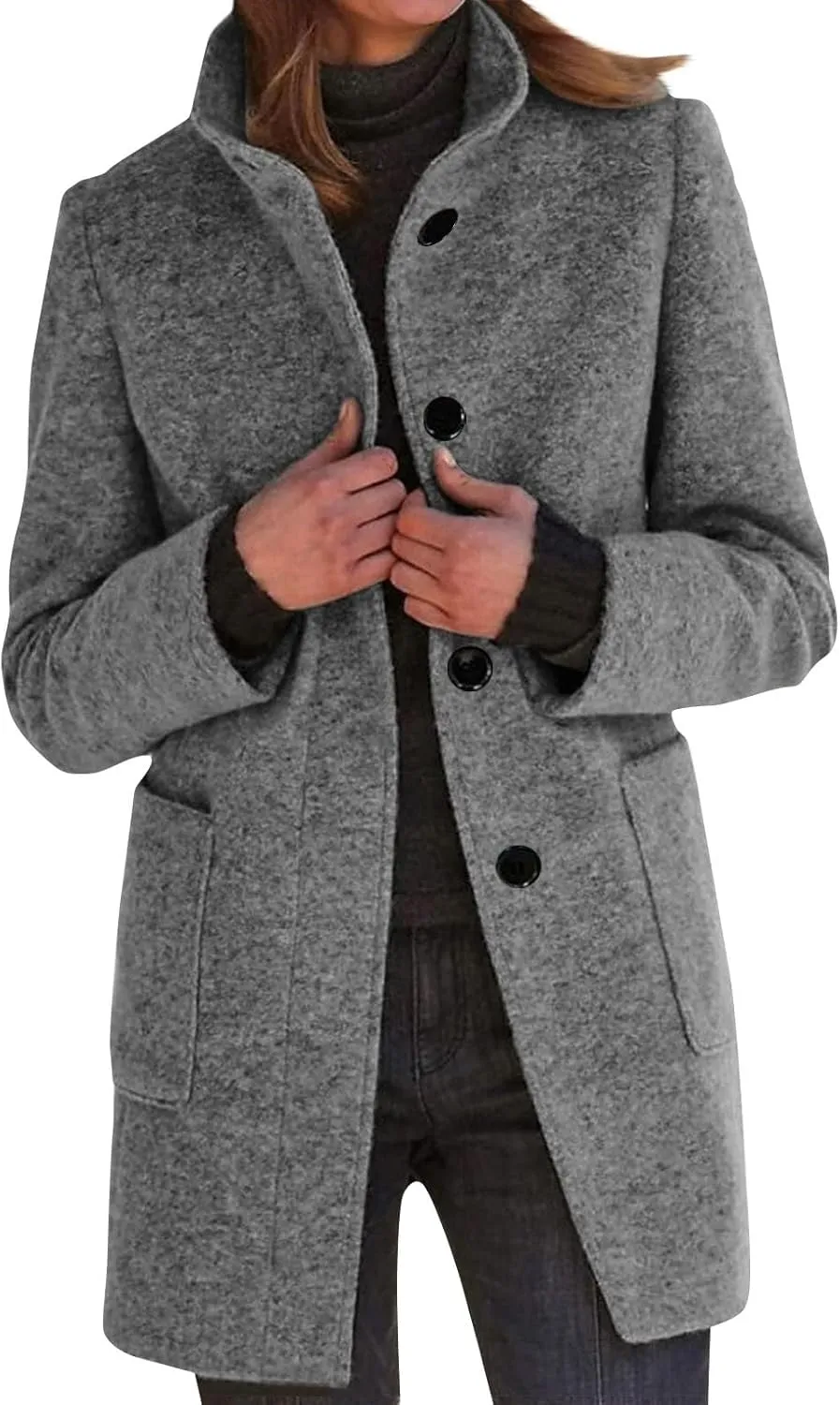 Oversized Trench Coats for Women Long Winter Wool Coat for Women Dressy Stand Collar Single Breasted Blazer Jackets Winter Classic Wool Blend Pea Coat Light Gray 5X-Large