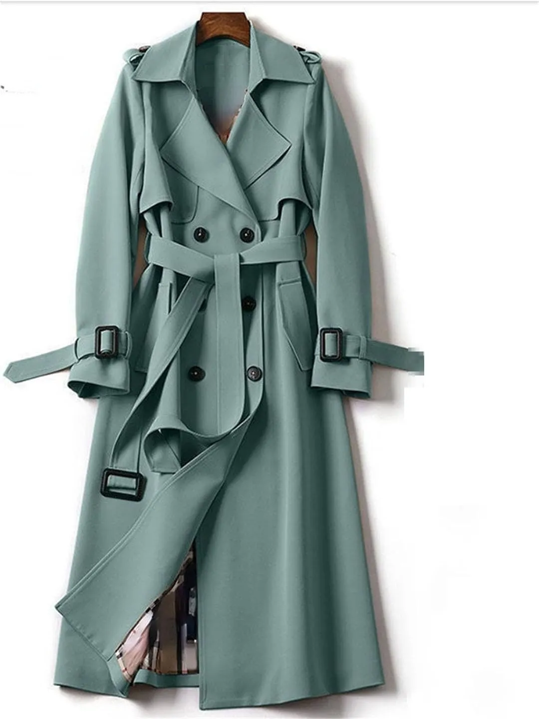 Ownwfeat Women Lace-Up Double Breasted Trench Long Coat