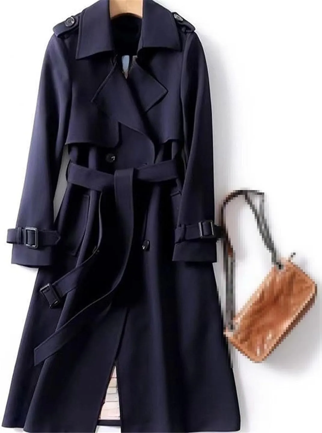 Ownwfeat Women Lace-Up Double Breasted Trench Long Coat