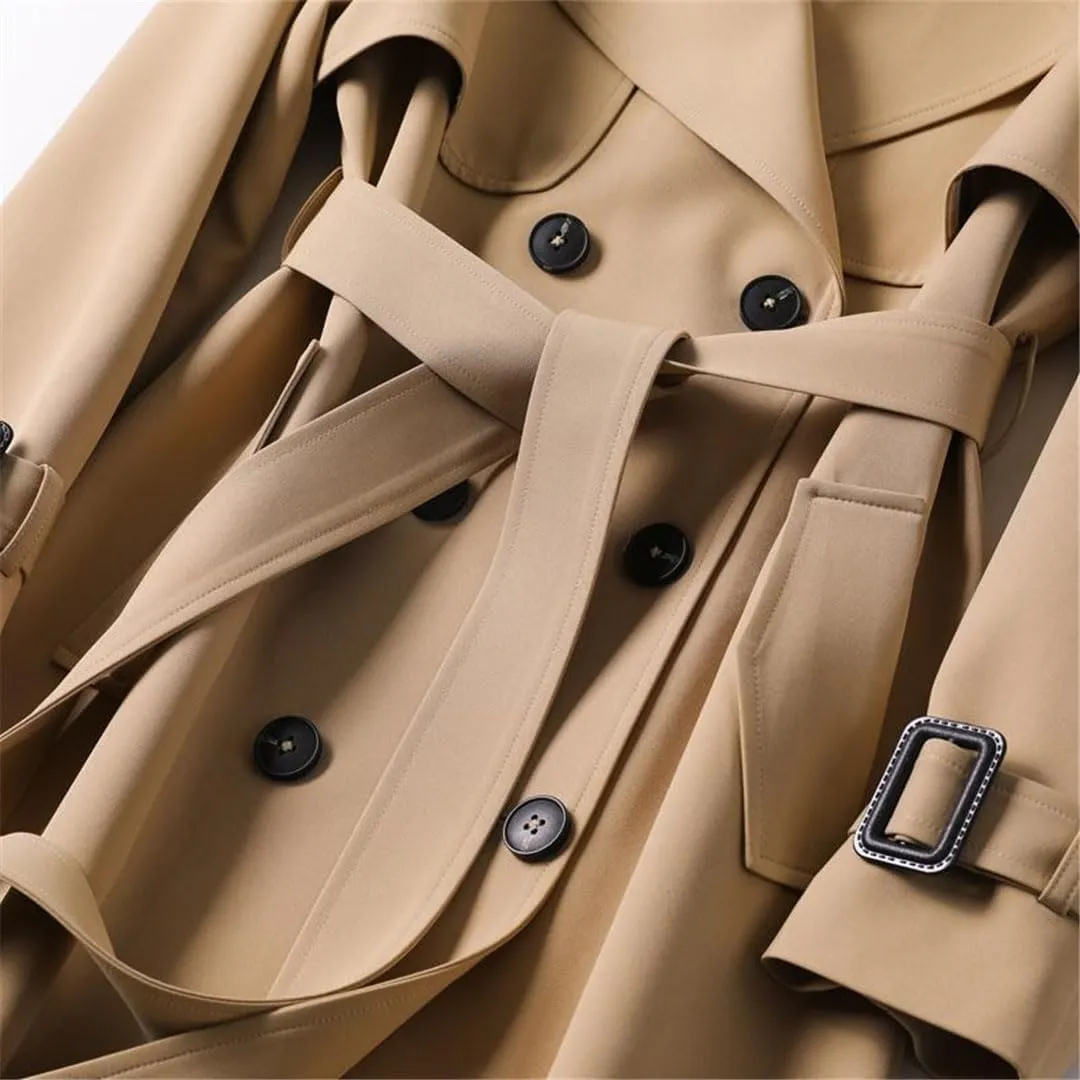 Ownwfeat Women Lace-Up Double Breasted Trench Long Coat