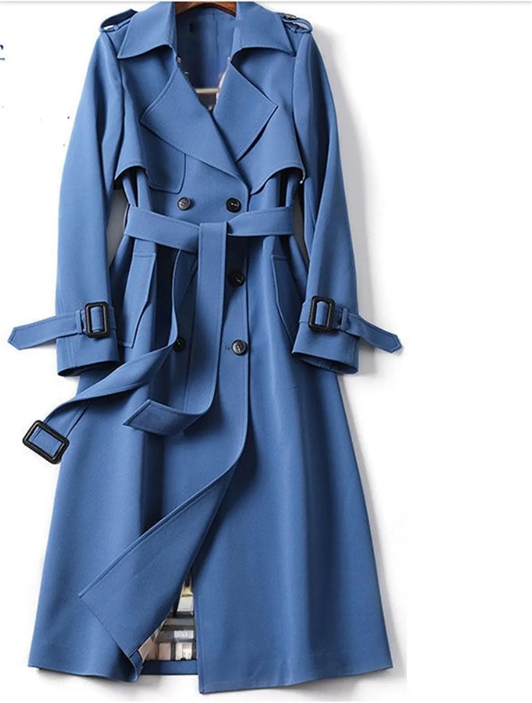 Ownwfeat Women Lace-Up Double Breasted Trench Long Coat