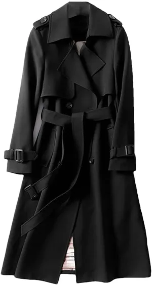 Ownwfeat Women Lace-Up Double Breasted Trench Long Coat