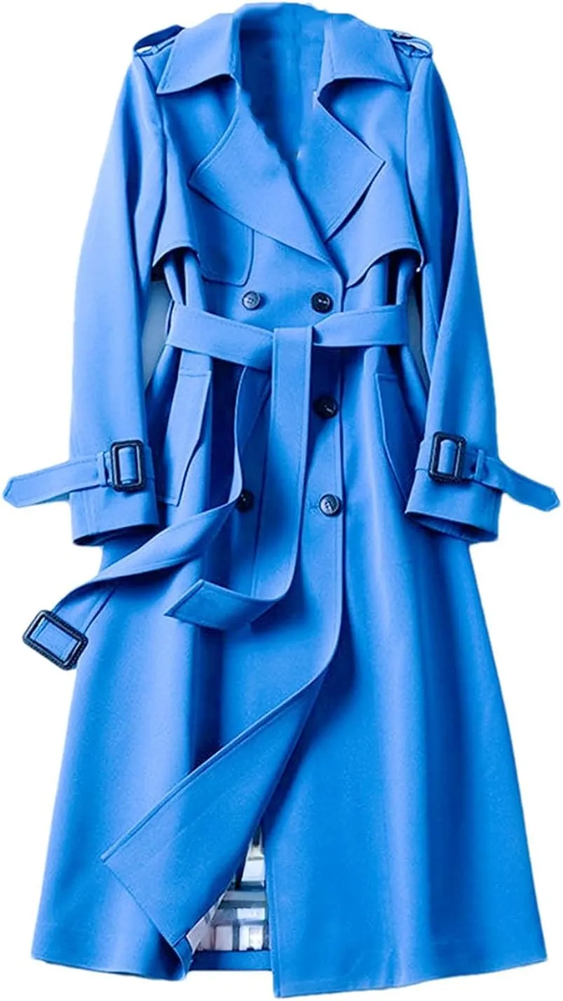 Ownwfeat Women Lace-Up Double Breasted Trench Long Coat