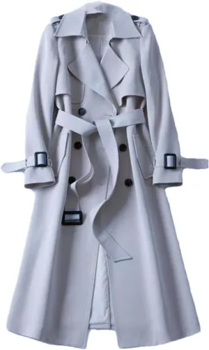 Ownwfeat Women Lace-Up Double Breasted Trench Long Coat