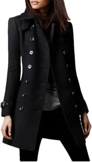 Ownwfeat Women Solid Color Mid-Length Double-Breasted Wool Jacket Casual Large Size Woolen Coat
