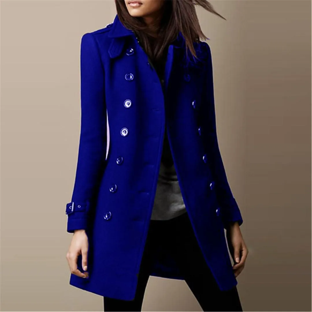 Ownwfeat Women Solid Color Mid-Length Double-Breasted Wool Jacket Casual Large Size Woolen Coat