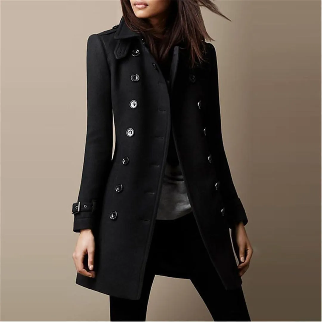 Ownwfeat Women Solid Color Mid-Length Double-Breasted Wool Jacket Casual Large Size Woolen Coat