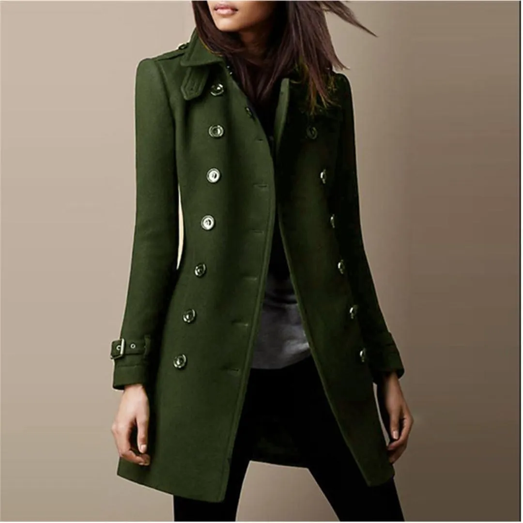 Ownwfeat Women Solid Color Mid-Length Double-Breasted Wool Jacket Casual Large Size Woolen Coat