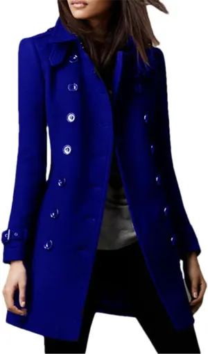 Ownwfeat Women Solid Color Mid-Length Double-Breasted Wool Jacket Casual Large Size Woolen Coat