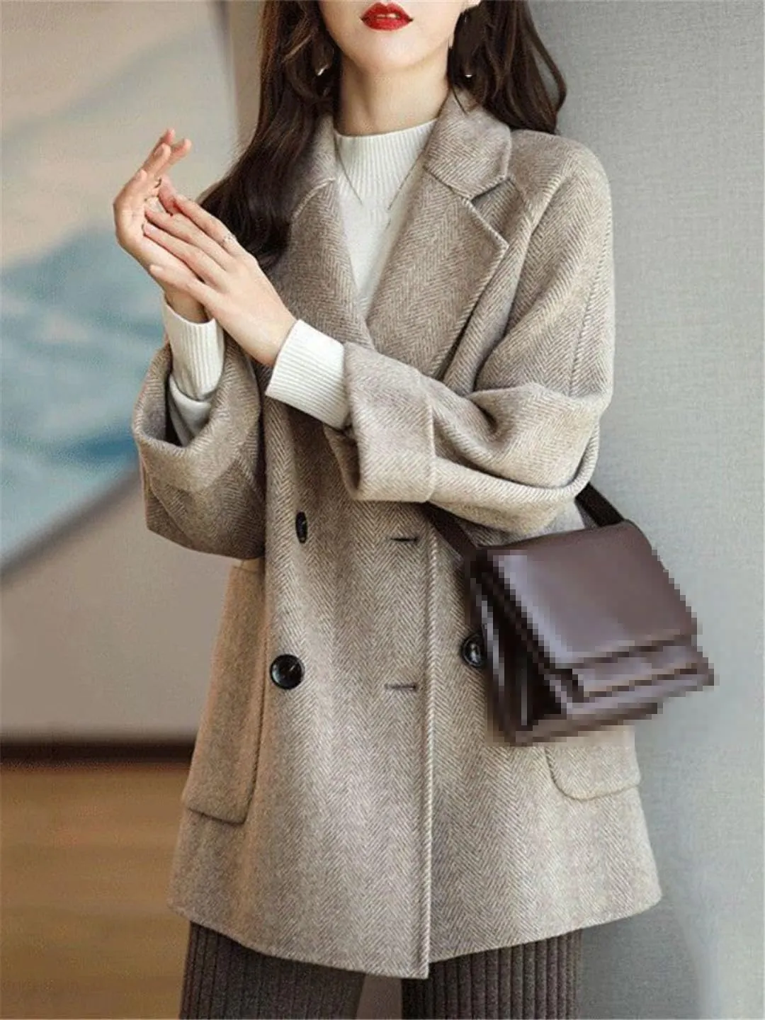 Ownwfeat Women Wool Coat Long Sleeve Office Lady Trench Coat