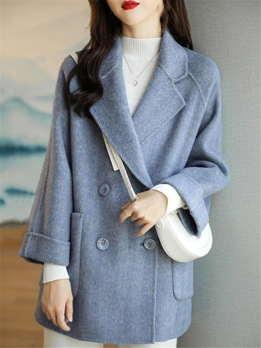 Ownwfeat Women Wool Coat Long Sleeve Office Lady Trench Coat