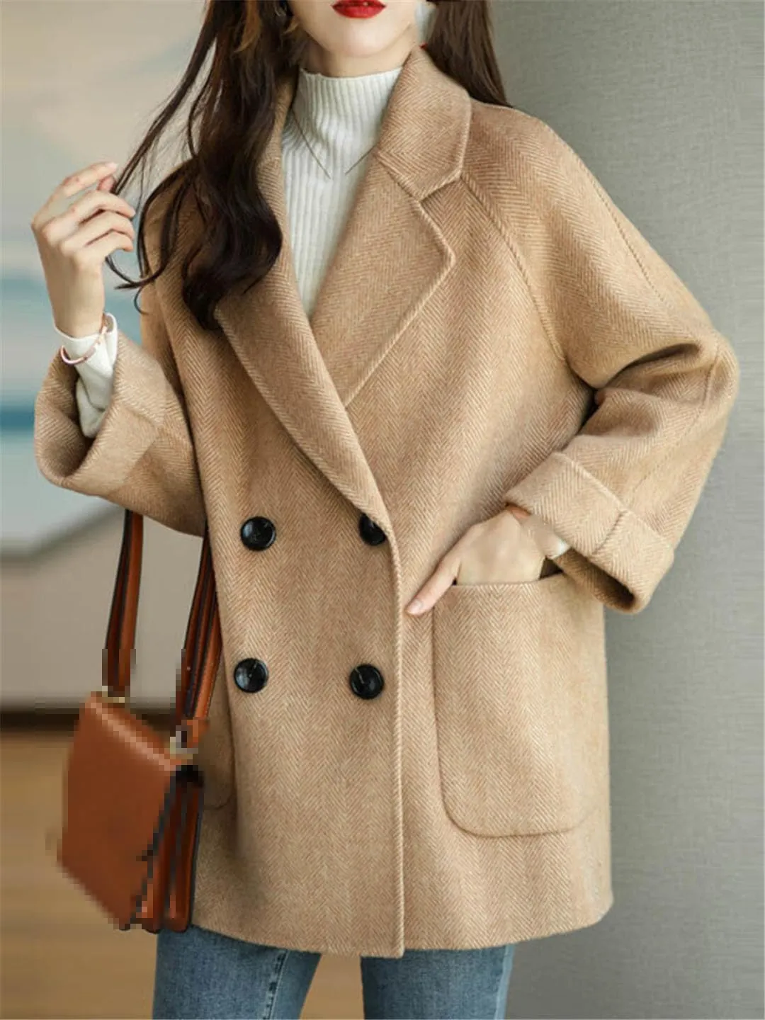 Ownwfeat Women Wool Coat Long Sleeve Office Lady Trench Coat