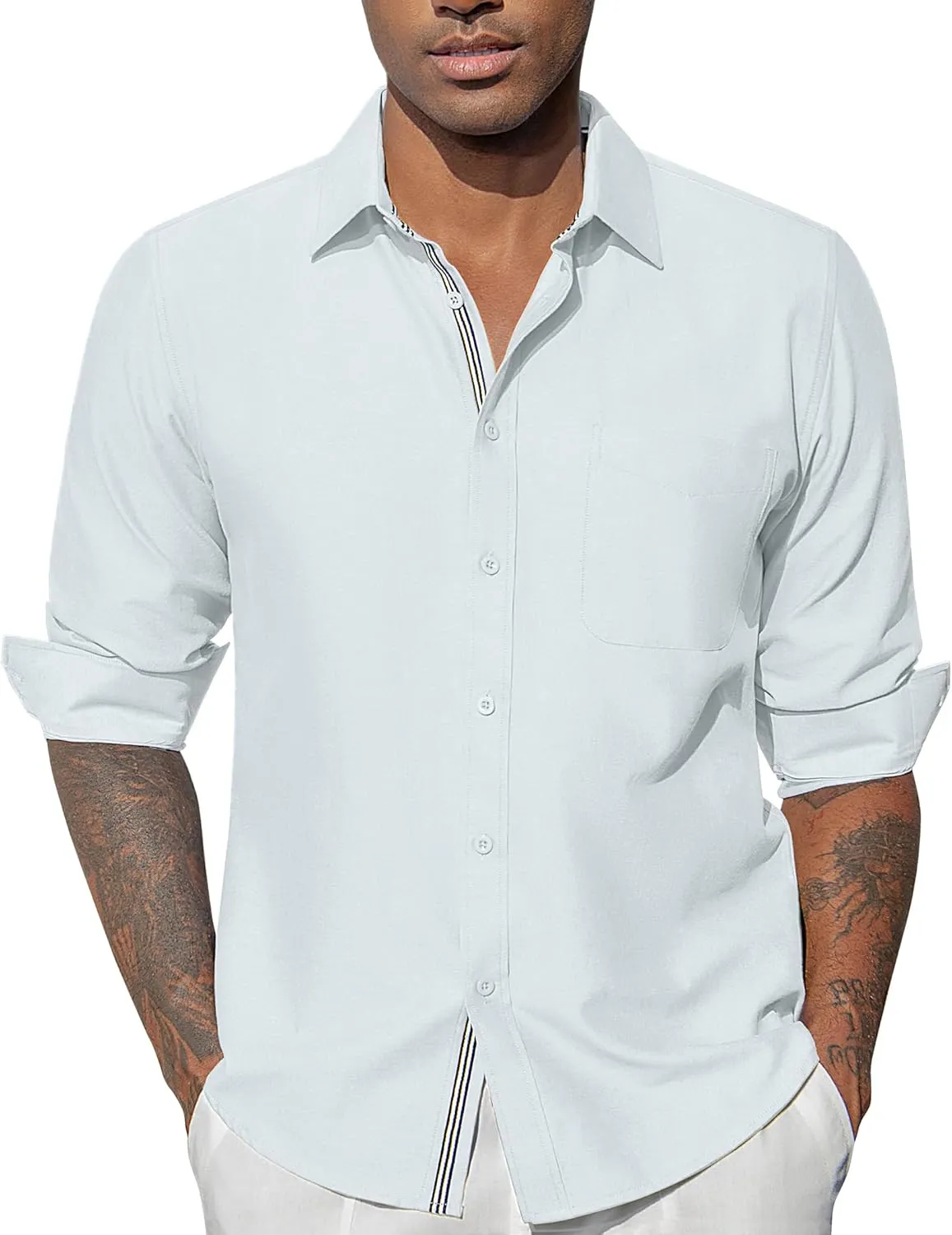 Oxford Dress Shirts for Men Long Sleeve Oxford Casual Dress Button Down Shirts Contrast Button Shirts with Pocket