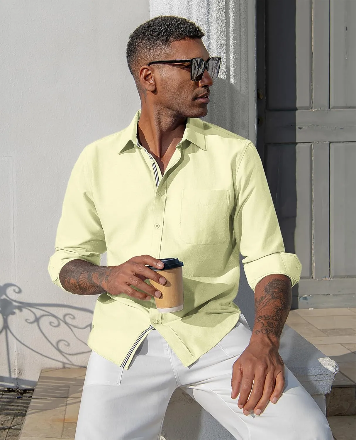Oxford Dress Shirts for Men Long Sleeve Oxford Casual Dress Button Down Shirts Contrast Button Shirts with Pocket