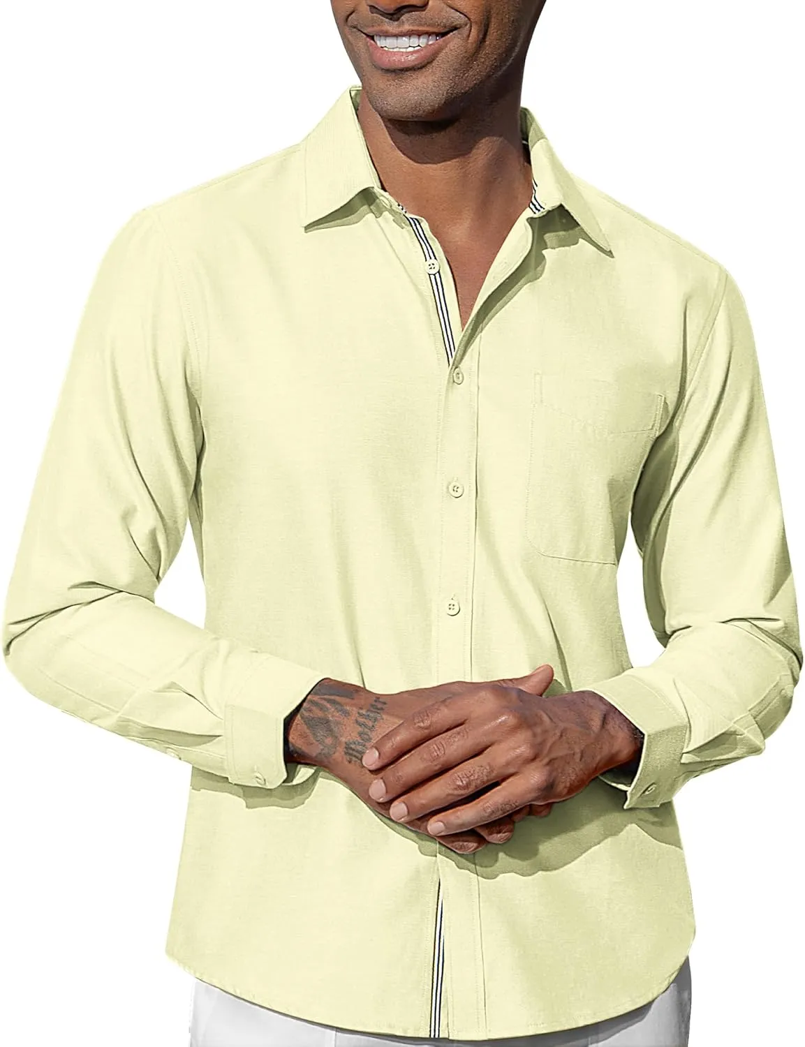 Oxford Dress Shirts for Men Long Sleeve Oxford Casual Dress Button Down Shirts Contrast Button Shirts with Pocket