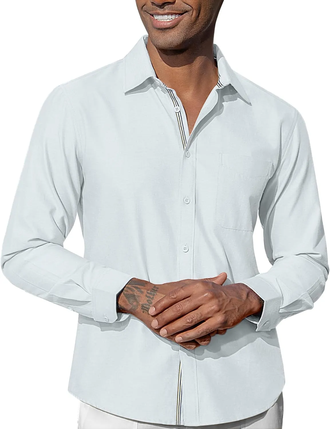 Oxford Dress Shirts for Men Long Sleeve Oxford Casual Dress Button Down Shirts Contrast Button Shirts with Pocket