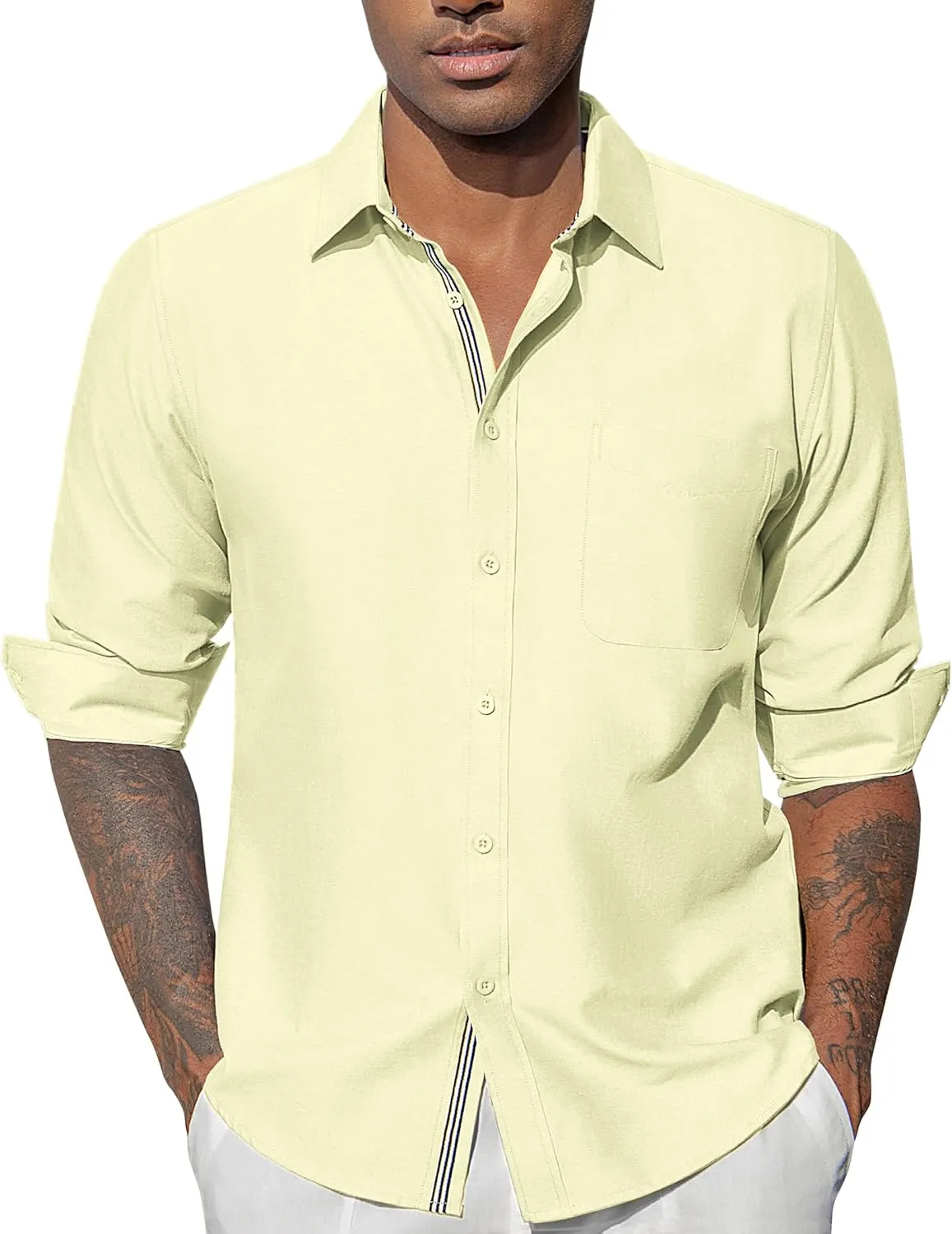 Oxford Dress Shirts for Men Long Sleeve Oxford Casual Dress Button Down Shirts Contrast Button Shirts with Pocket