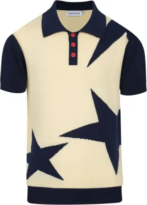 OXKNIT Knit Polo Shirts for Men, Dark Blue Star Vintage Polo Shirt Casual Short Sleeve Begie Golf T Shirts