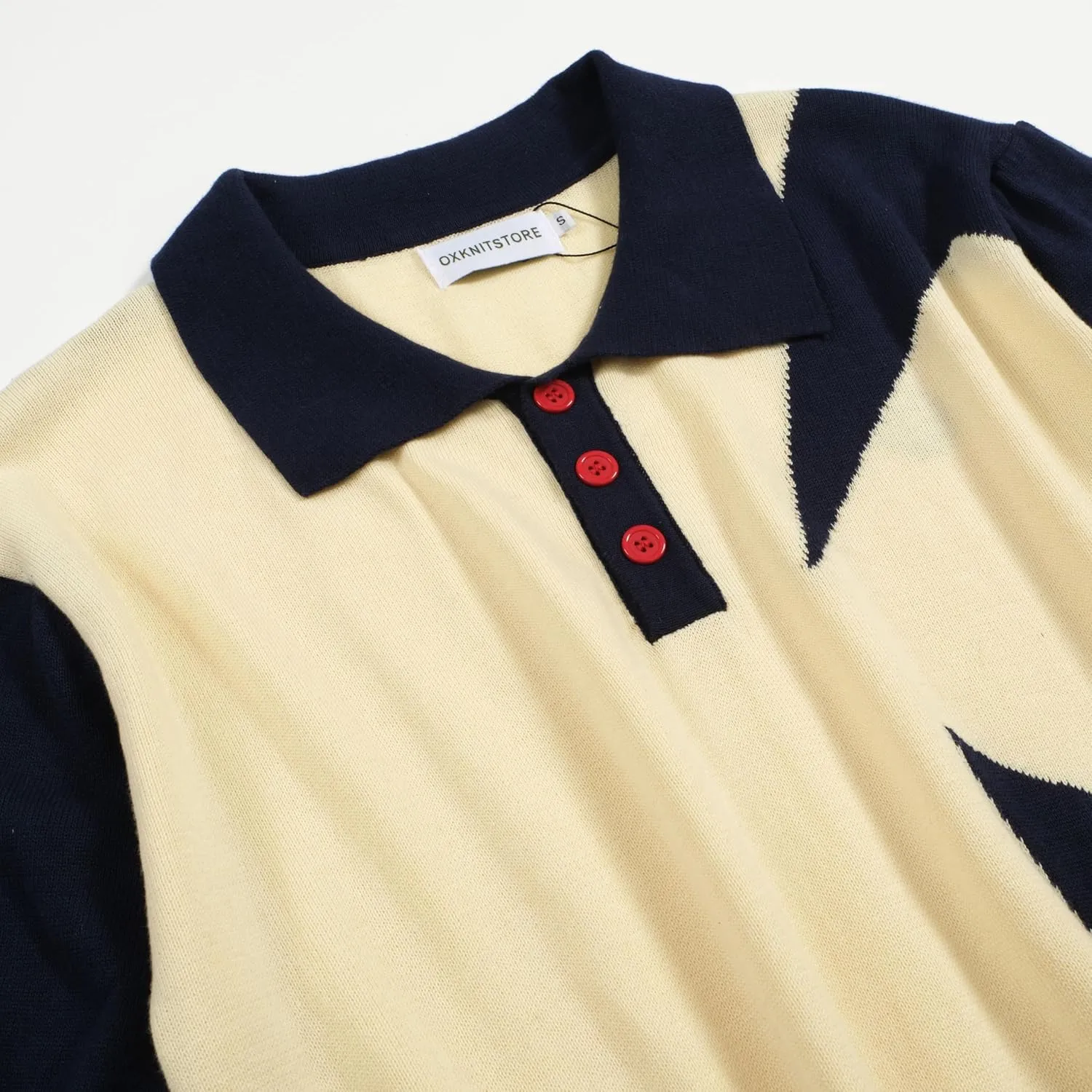 OXKNIT Knit Polo Shirts for Men, Dark Blue Star Vintage Polo Shirt Casual Short Sleeve Begie Golf T Shirts