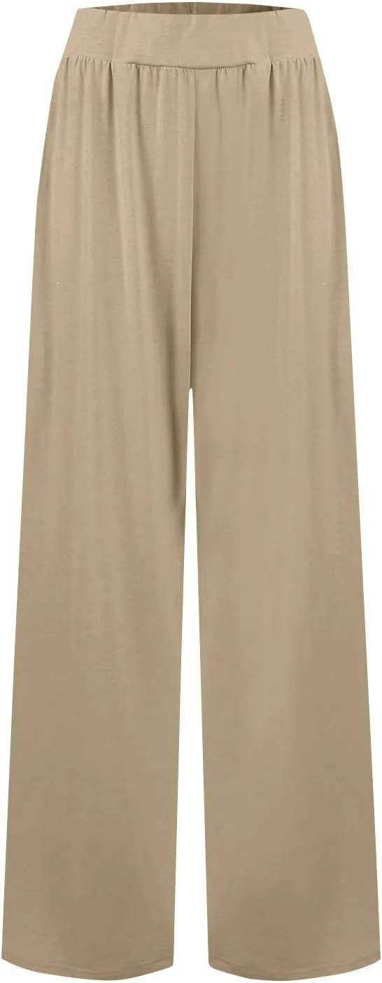 Pants for Women Plus Size Long Wide Leg High Waisted Pants Flowy Pleated Pull On Vacation Trousers with Pockets