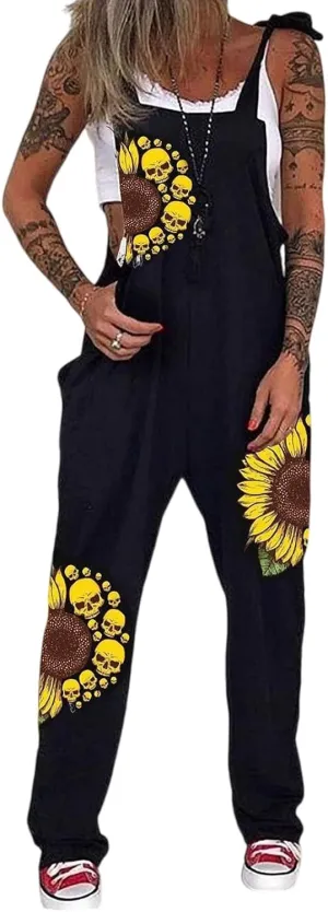 PAODIKUAI Women's Casual Skull Printed Overalls Loose Rompers Jumpsuit with Pockets