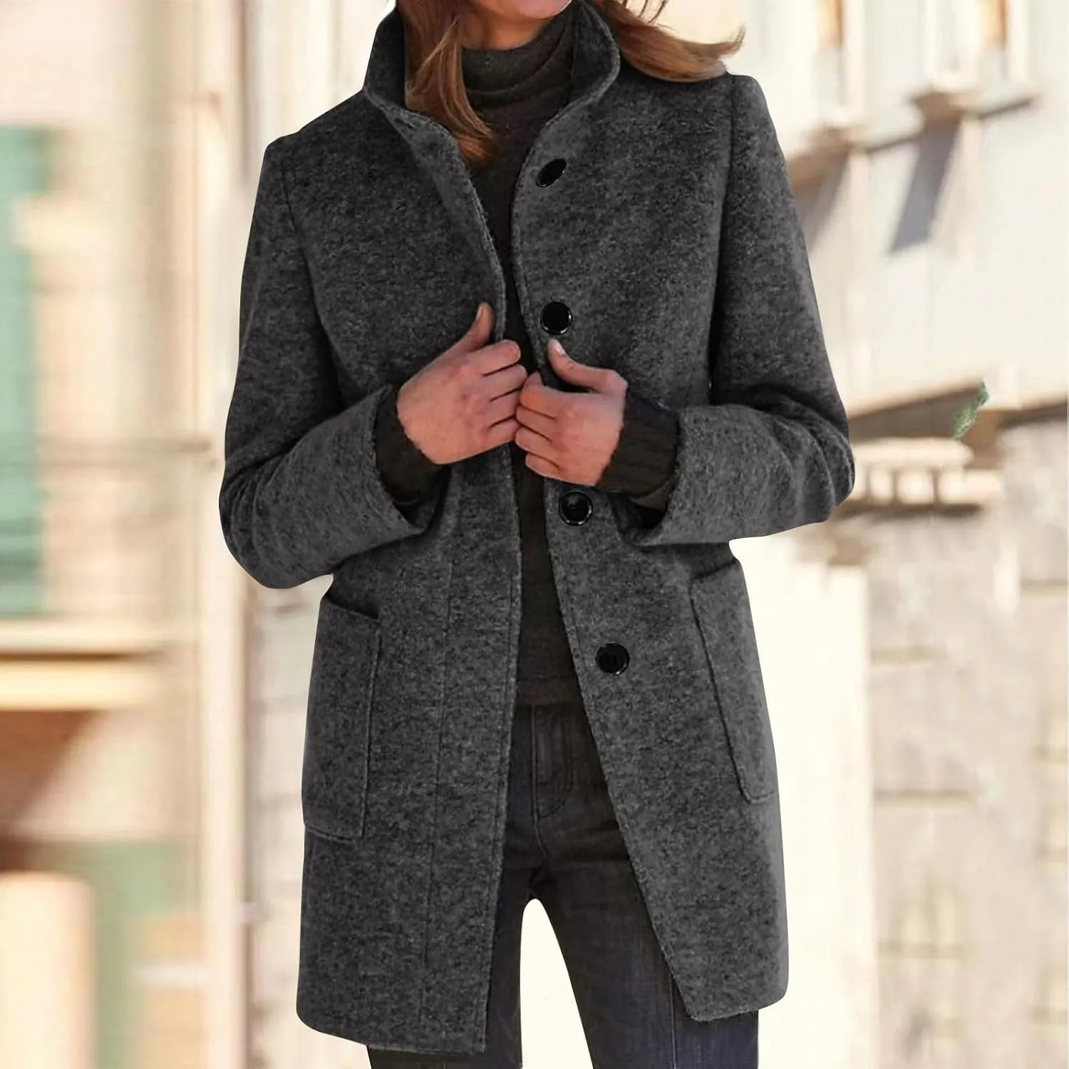 Pea Coats for Women Women Winter Long Wool Blend Peacoat Stand Collar Single Breast Thicken Blazer Jacket