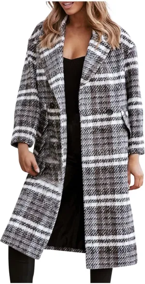 Pea Coats for Women Womens Notched Lapel Collar Double Breasted Trench Pea Coat Winter Warm Wool Blend Overcoat Plaid Shacket Long Jackets Gray X-Large