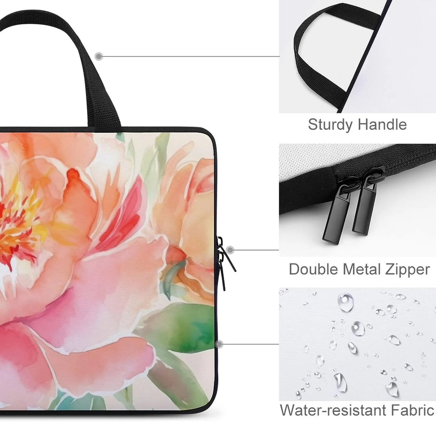 Peach Peony Laptop Bag Durable Laptop Sleeve Water-Resistant Notebook Bag for Computer Or Tablet