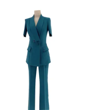 Peacock Blue Short-Sleeved Pantsuit - Women Trouser Suits - Trouser Suit