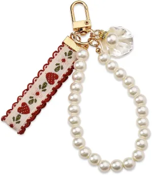 Pearl Keychain Wristlet for Women Car Keys Purse Wallet Badge Protective Case Pearl Wrist Bracelet Strap Lanyard with Charms Pearl Key ring Accessories Handmade Boho Anti-lost Strap Lanyard