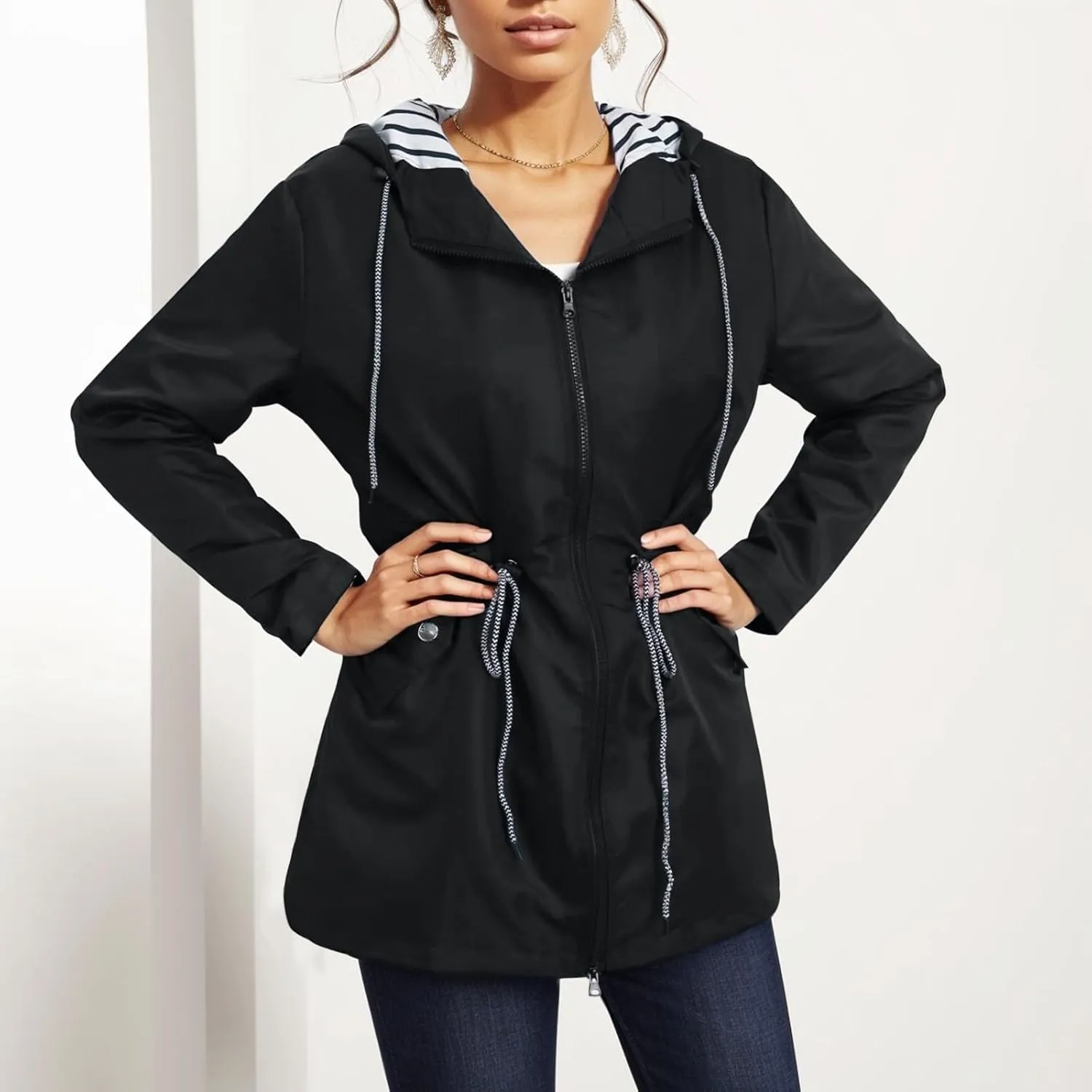 PeQAQ Womens Rain Jacket with Hood Lightweight Trench Coat Long Sleeve Windbreaker Zip Up Drawstring Raincoat With Pockets