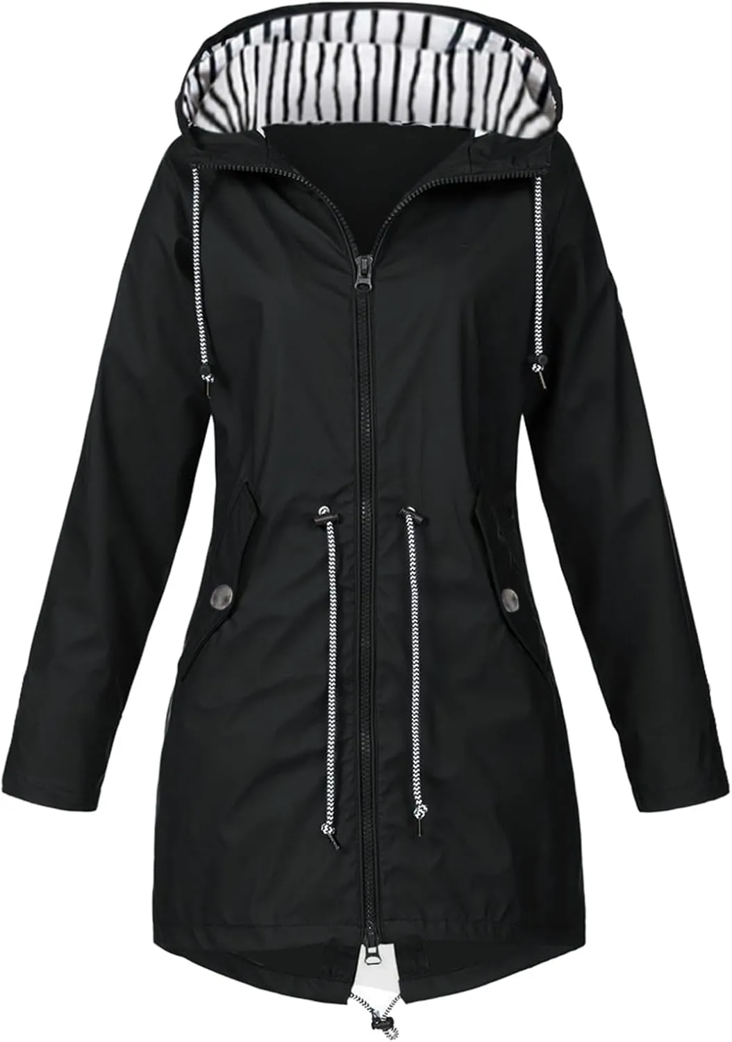 PeQAQ Womens Rain Jacket with Hood Lightweight Trench Coat Long Sleeve Windbreaker Zip Up Drawstring Raincoat With Pockets
