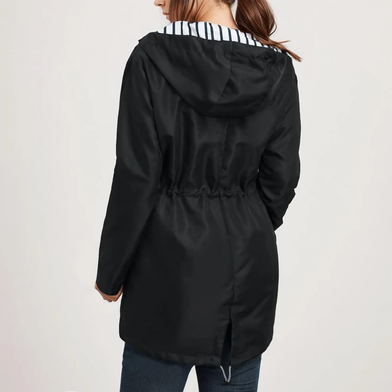PeQAQ Womens Rain Jacket with Hood Lightweight Trench Coat Long Sleeve Windbreaker Zip Up Drawstring Raincoat With Pockets