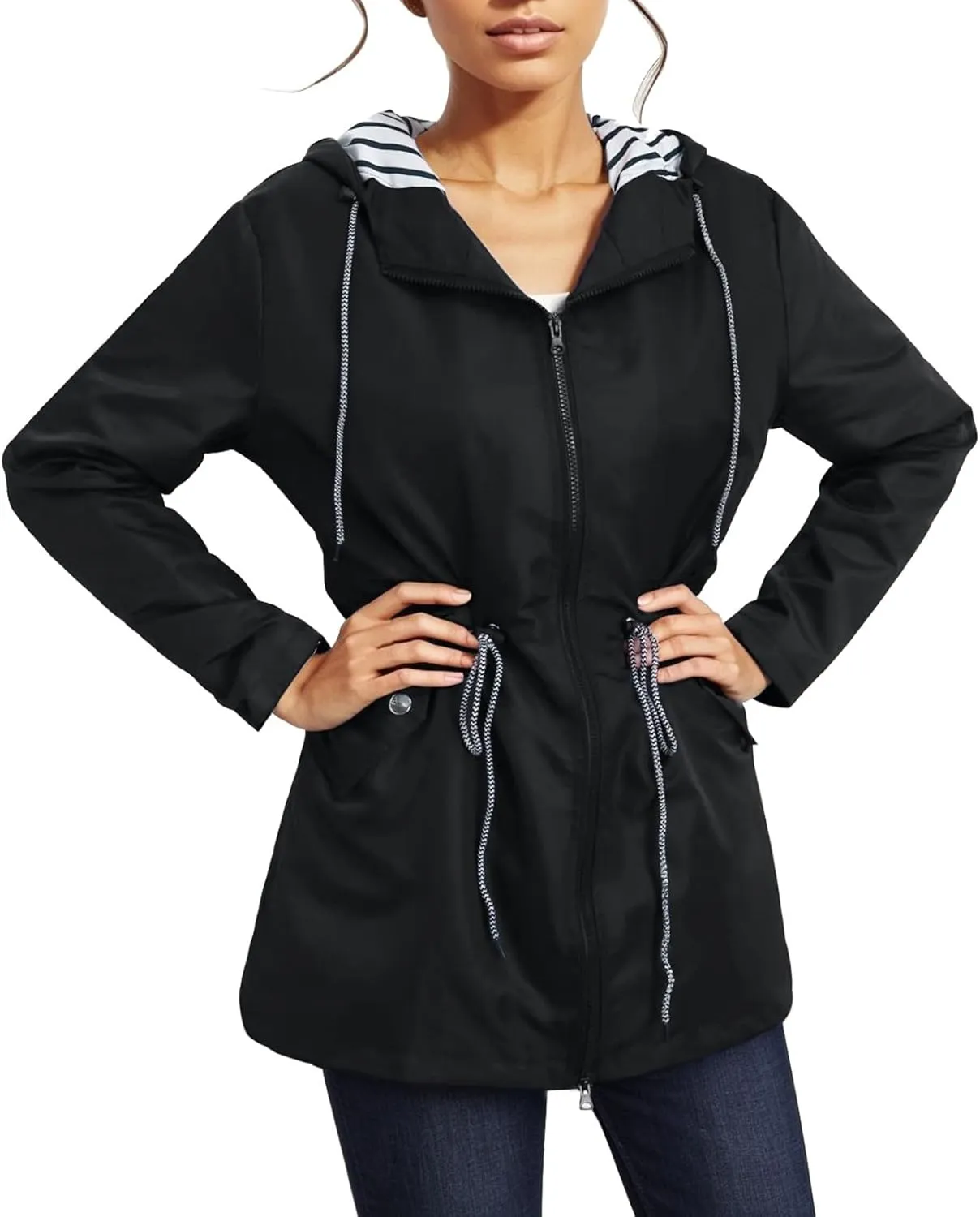 PeQAQ Womens Rain Jacket with Hood Lightweight Trench Coat Long Sleeve Windbreaker Zip Up Drawstring Raincoat With Pockets