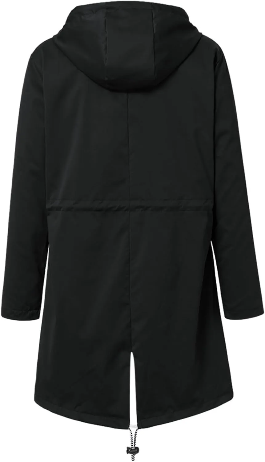 PeQAQ Womens Rain Jacket with Hood Lightweight Trench Coat Long Sleeve Windbreaker Zip Up Drawstring Raincoat With Pockets