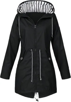 PeQAQ Womens Rain Jacket with Hood Lightweight Trench Coat Long Sleeve Windbreaker Zip Up Drawstring Raincoat With Pockets