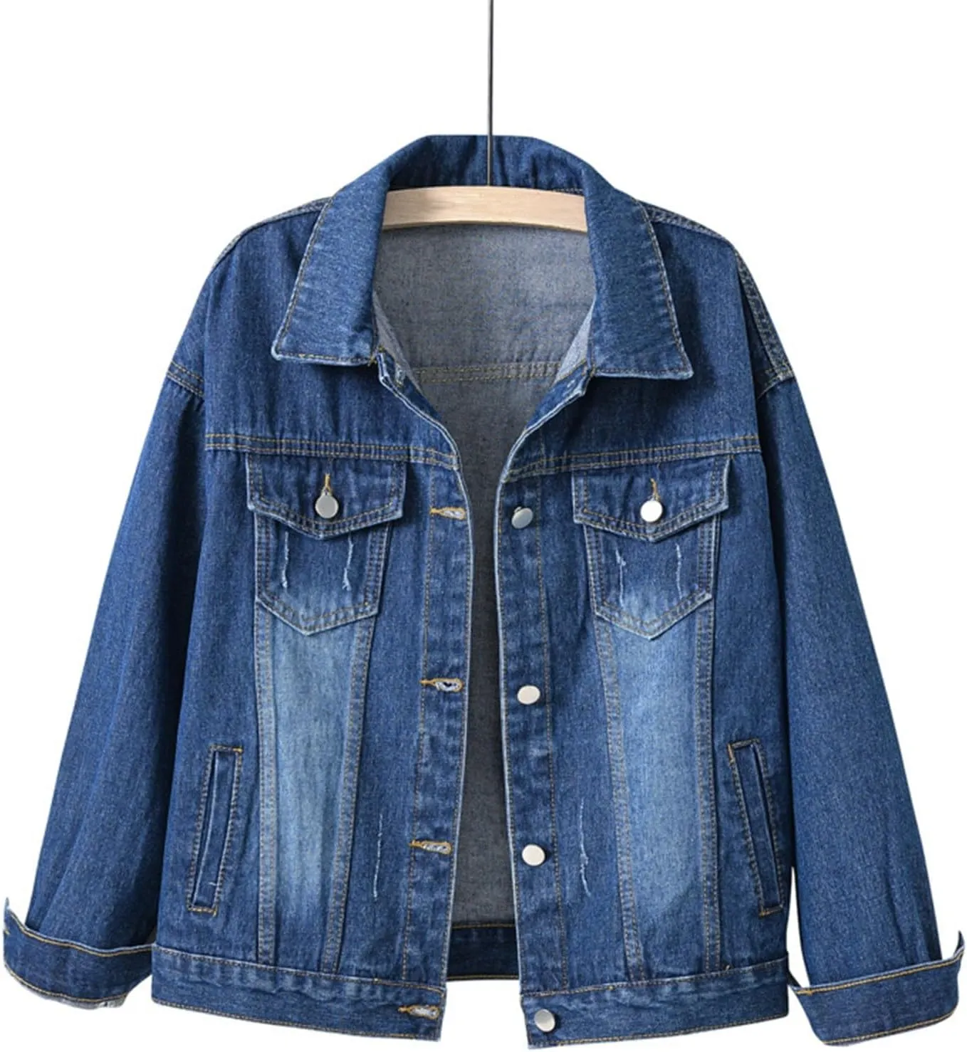 PETYCZEN Womens Jean Jacket Classic Fit Long Sleeve Cropped Denim Jacket Lapel Button Down Boyfriend Jean Jackets Fall Coats